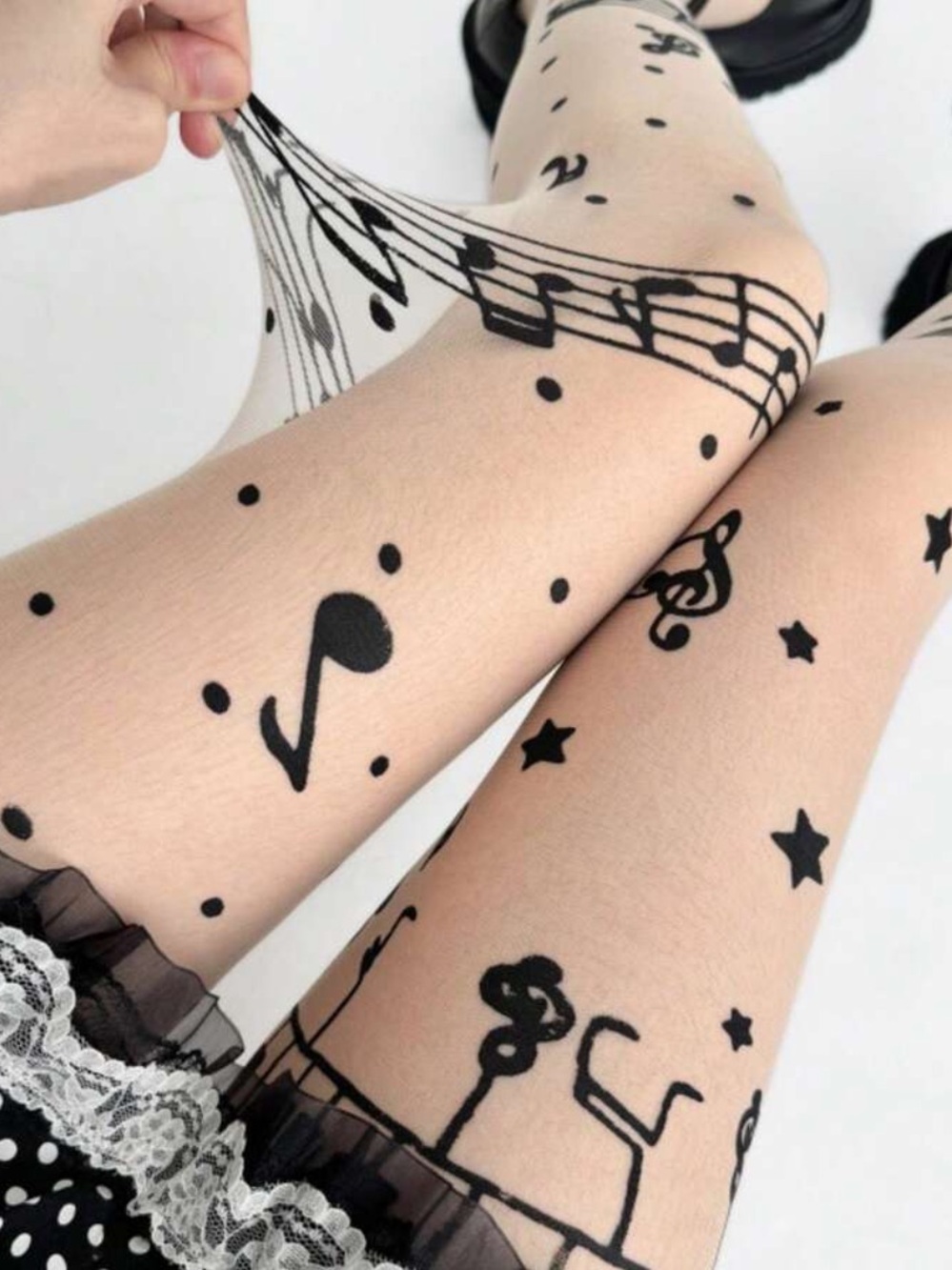 Sheer Black Musical Note Pattern Tights - Women Intimates